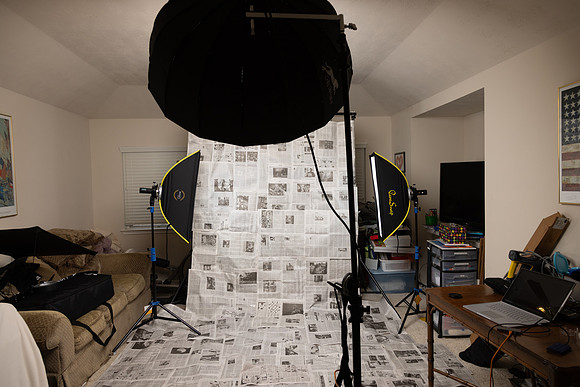 Finished Newspaper Backdrop and Lighting Setup
